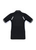 A black short sleeve polo shirt with white accents and reflective detailing, featuring a logo on the front.
