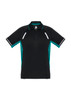 A black and teal men's short sleeve polo shirt featuring contrasting side panels and a logo.