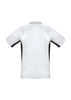 A men's short sleeve polo shirt in white and black, featuring a simple design and a logo on the front.
