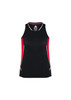 A black and red women's singlet with a fitted design and contrasting panel details, featuring a logo.