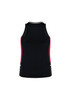 A black women's singlet with red detailing and a logo at the bottom.