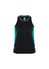 A black singlet with teal accents, featuring a logo on the front. Suitable for women's activewear.