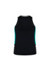 A black singlet with teal side panels and a logo on the hem. Designed for women's activewear.