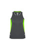 A women's singlet in grey with lime green accents, featuring a logo on the chest.