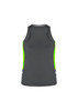 A women's singlet in dark grey with bright green side panels and a logo on the back.