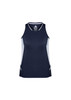 A navy blue women's singlet featuring light grey side panels and a logo on the front.