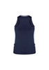 A navy blue women's singlet with white side panels, featuring a logo on the front.
