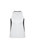 A women's singlet in light grey with black side panels, featuring a logo on the front.