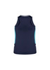 A dark navy singlet featuring light blue side panels and a fitted design. The garment has a small logo.