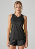 A black and yellow women's singlet featuring a sleek design and a branding logo.