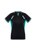 A black and teal women's short sleeve tee with a v-neck design and white accents, featuring a logo.