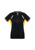 A black and yellow women's short sleeve tee with contrasting side panels and reflective detailing. It features a logo.