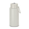 A drink bottle featuring a sleek design in light grey, with a silver cap and a small loop for easy carrying.