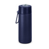 A drink bottle in navy blue with a sturdy design and a lid featuring a spout, plus a handle for easy carrying.