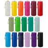 A drink bottle collection featuring various colours, including white, yellow, orange, pink, burgundy, green, teal, and black, with a branding logo.