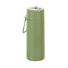A drink bottle in a soft green colour, featuring a handle and a logo, designed for 600ml capacity.