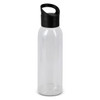 A drink bottle in clear plastic with a black, curved lid. It features a simple design and has a logo.