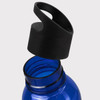 A drink bottle in blue with a black lid, featuring a wide opening and a handle on the cap.