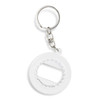 A drink bottle opener key ring in white with a circular design and a metal keychain attachment.