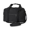 A black canvas duffle bag with dual handles, a shoulder strap, and a front zip pocket. It features a logo.