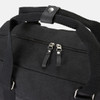 A black canvas duffle bag featuring sturdy handles and a zippered compartment. It has a branding logo.