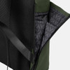 A soft-touch flap backpack in black and green, featuring a textured exterior and a patterned interior with pockets.