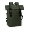 A green soft-touch flap backpack with adjustable straps and two front pockets, featuring a logo.