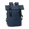 A navy blue flap backpack with adjustable straps and a front pocket, featuring a branding logo.
