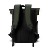 A green and black soft-touch flap backpack with padded shoulder straps and a mesh back panel.
