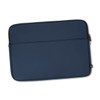 A navy soft-touch laptop sleeve with a zip closure and a branded logo.