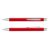 A red pen with a silver clip and accents, featuring a smooth design and a logo on its side.
