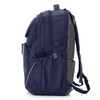 A navy blue backpack with a mesh backing and adjustable straps, featuring multiple compartments and a side pocket.