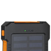 A black and orange solar power bank with a solar panel design and indicator lights on the top.