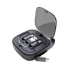 A compact, black retractable charging and data cable set housed in a protective case with a transparent lid.