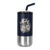 A drink bottle featuring a navy body, stainless steel base, and a metal straw. It has a decorative logo.