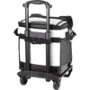 A white and black rolling cooler with a handle and wheels, featuring side pockets and a logo.