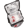 A rolling cooler in black and silver, filled with ice and red drink cans inside. It features a zippered top and pockets.