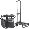 A black rolling cooler with a handle and wheels, featuring a detachable base for easy transport.