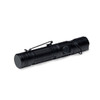 A black torch featuring a clip, textured grip, and a button for operation. It has a sleek, cylindrical design.