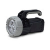 A black and grey torch featuring three bright LED bulbs and a sturdy handle. It has a sleek design and a logo.