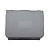A grey sound box with a sturdy design and a logo, featuring a durable exterior and secure fastening.