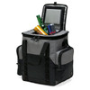 A grey and black cooler bag with drinks, including beer and a energy drink, inside the open top.