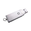 A metallic silver flash drive with a sliding mechanism and keyring attachment. It features a simple design.