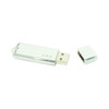 A silver flash drive with a removable cap, featuring three indicator lights. It has a sleek, shiny design.