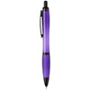 A purple pen with black accents, featuring a clip and a smooth grip. It has a branding logo on it.