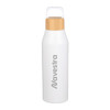 A drink bottle with a white body and bamboo lid, featuring a logo on the side. Holds 1 litre.