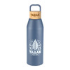 A drink bottle in blue with a bamboo lid and a logo, designed for reusable use.