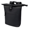 A black recycled roll-top backpack with adjustable straps and a zippered pocket on the back. It also features a logo.