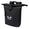 A black roll-top backpack with adjustable straps and a front zipped pocket, featuring a logo.