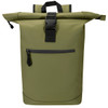 A recycled roll-top backpack in olive green with a front zip pocket and adjustable straps. Features a logo.